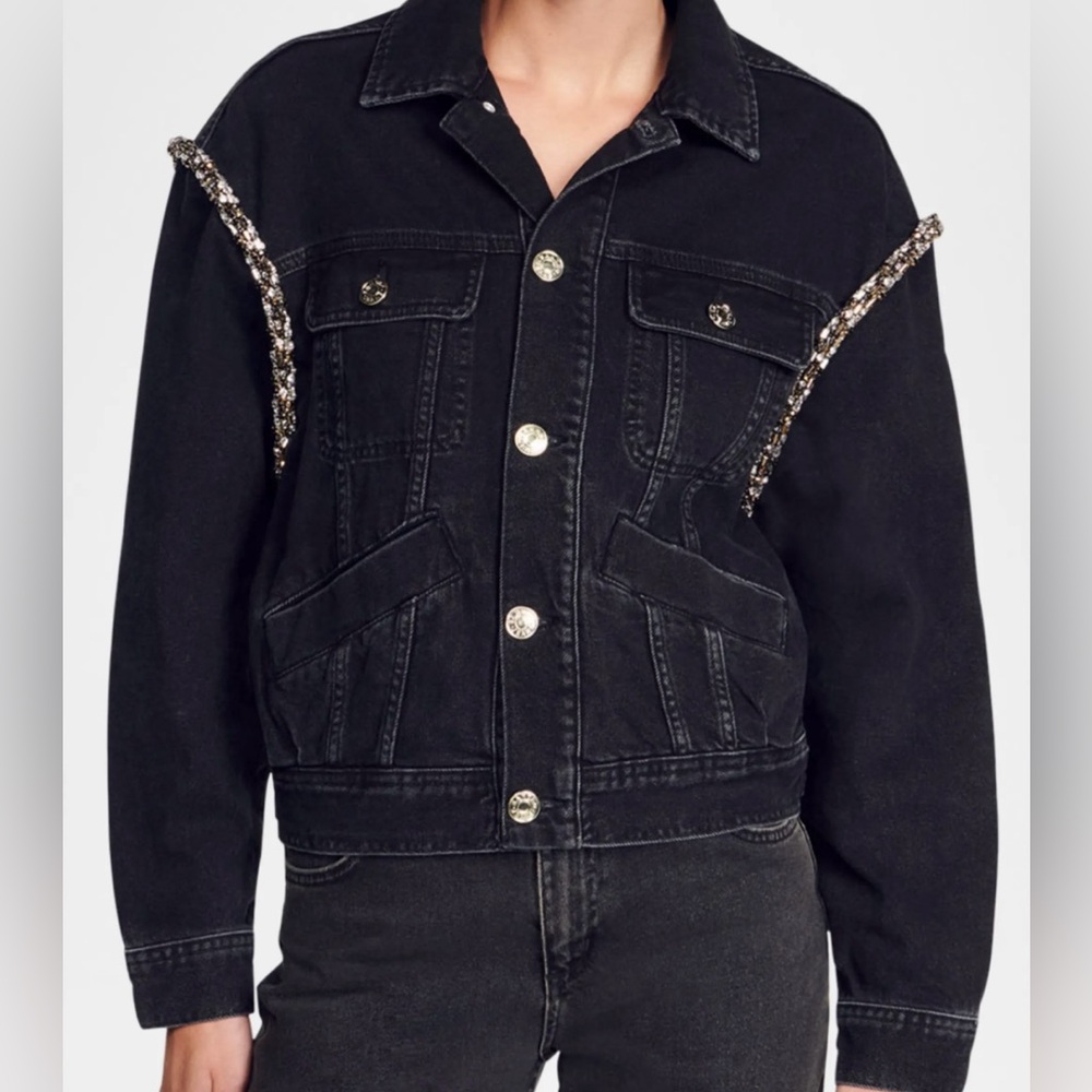 Black Denim Jacket with Sequin Detail